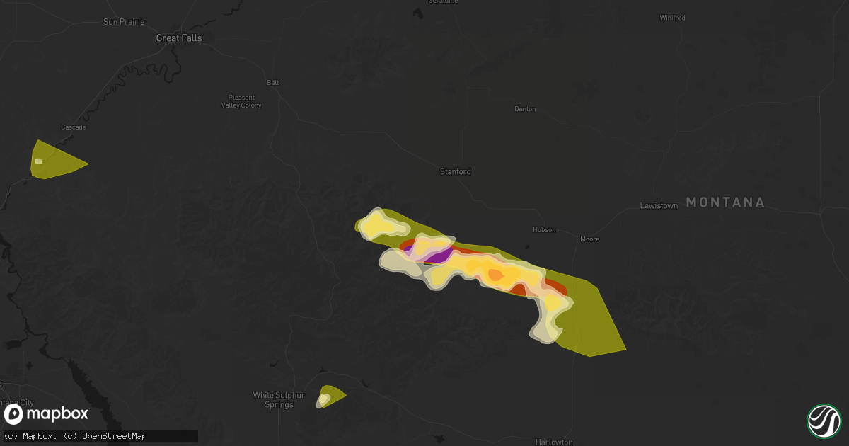 Hail map in Stanford, MT on July 16, 2026