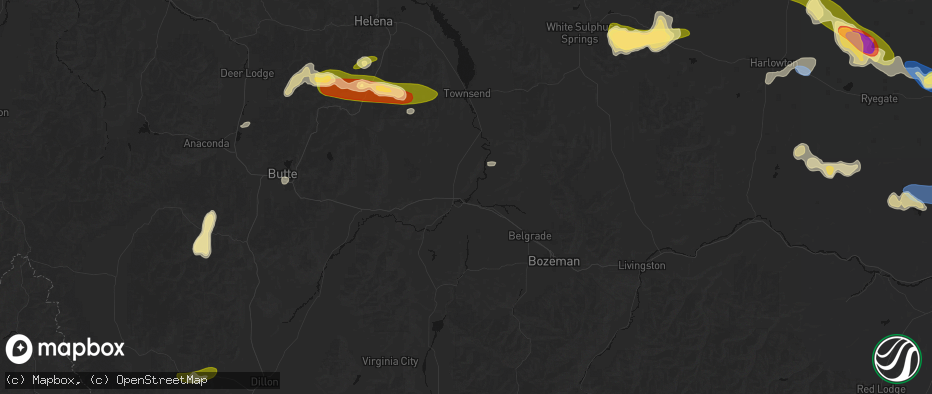 Hail map in Three Forks, MT on July 16, 2026