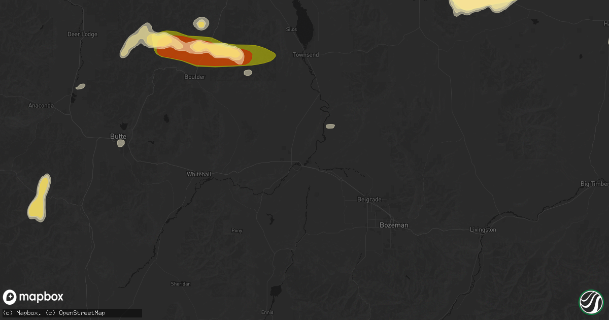 Hail map in Three Forks, MT on July 16, 2026