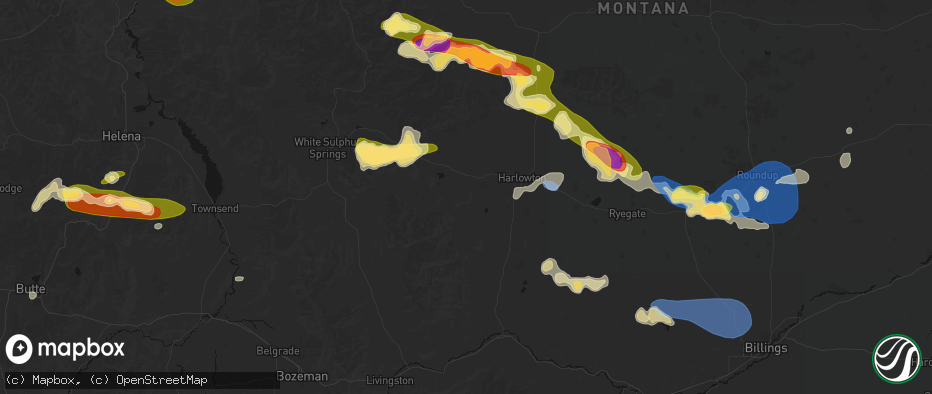 Hail map in Two Dot, MT on July 16, 2026