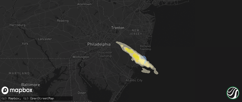 Hail map in Vincentown, NJ on July 16, 2026