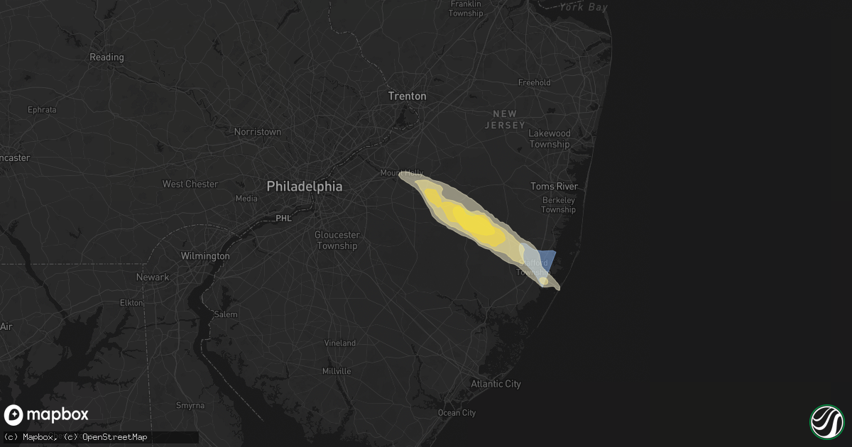 Hail map in Vincentown, NJ on July 16, 2026