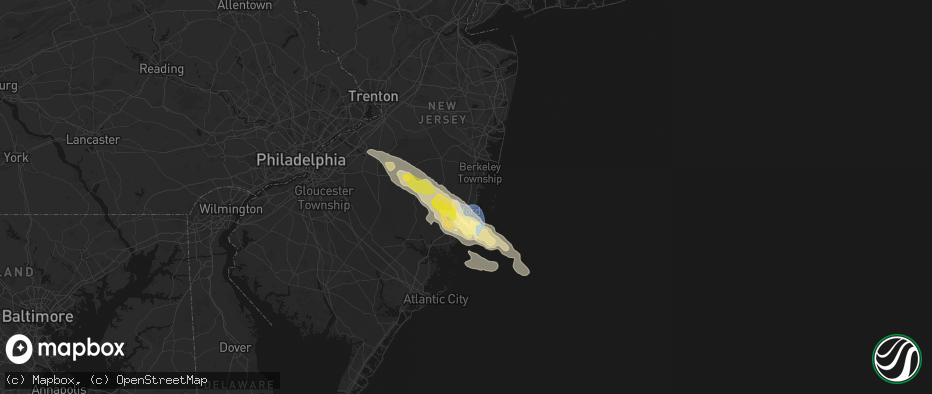 Hail map in Waretown, NJ on July 16, 2026