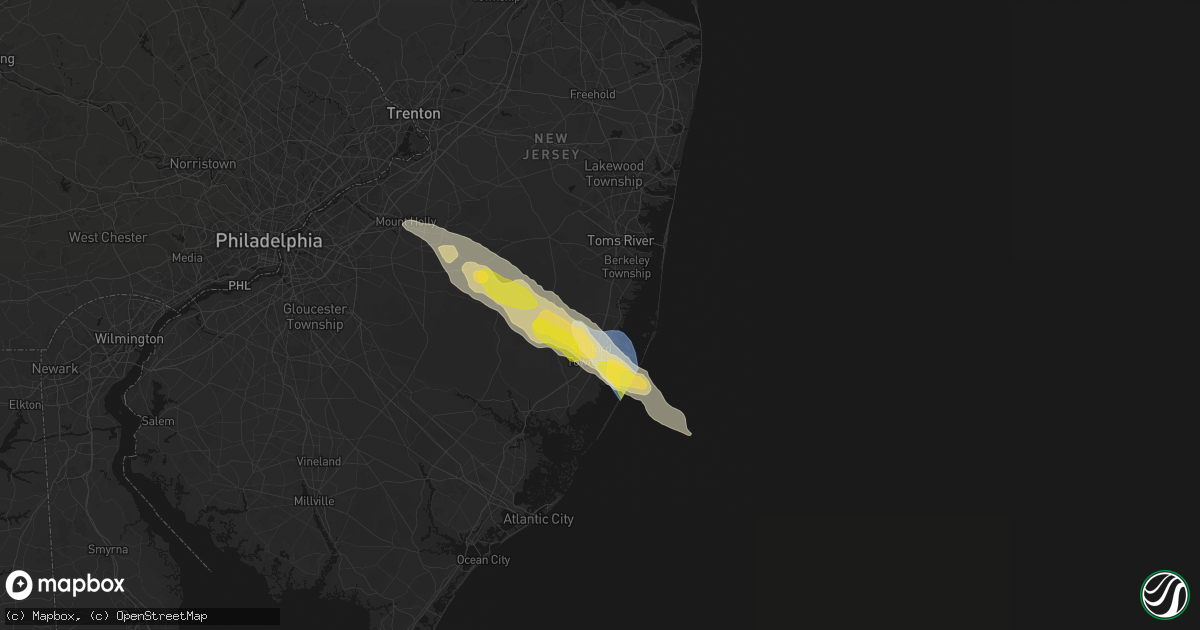 Hail map in Waretown, NJ on July 16, 2026