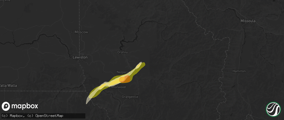 Hail map in Weippe, ID on July 16, 2026
