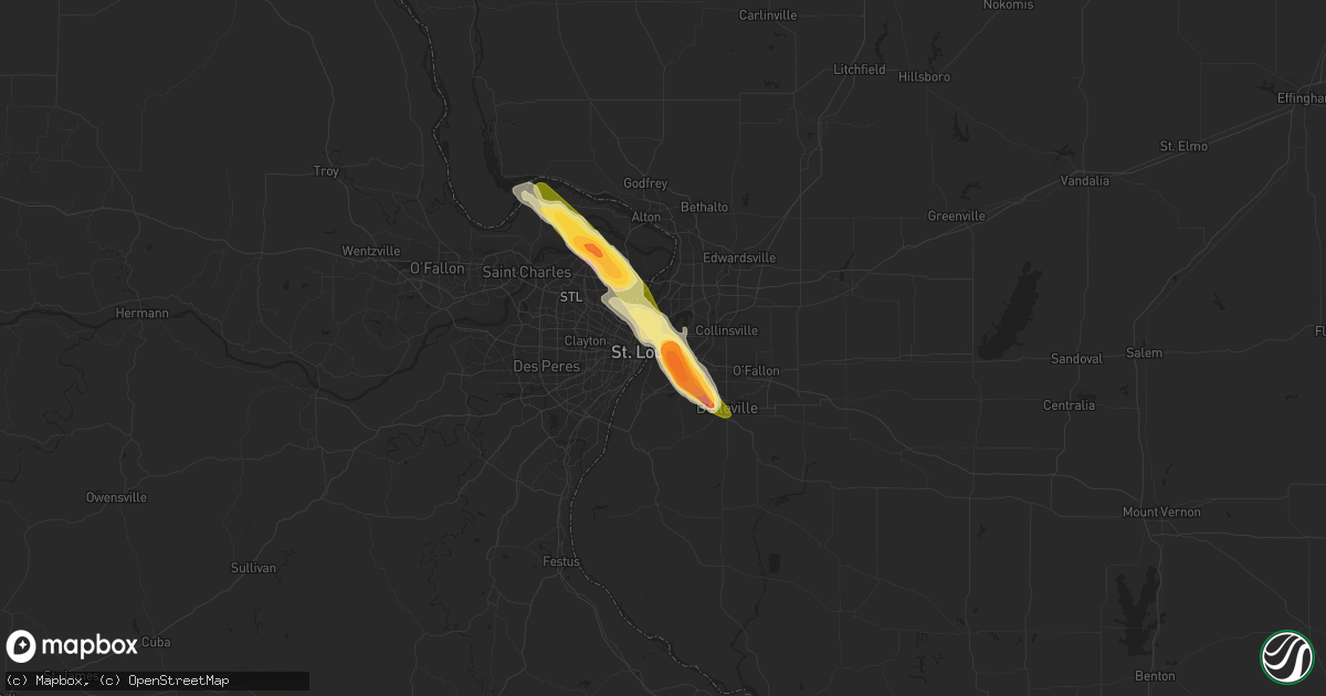 Hail map in East Saint Louis, IL on July 17, 2023