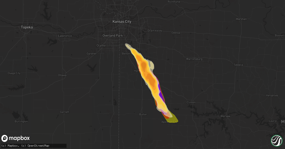 Hail map in Harrisonville, MO on July 17, 2023