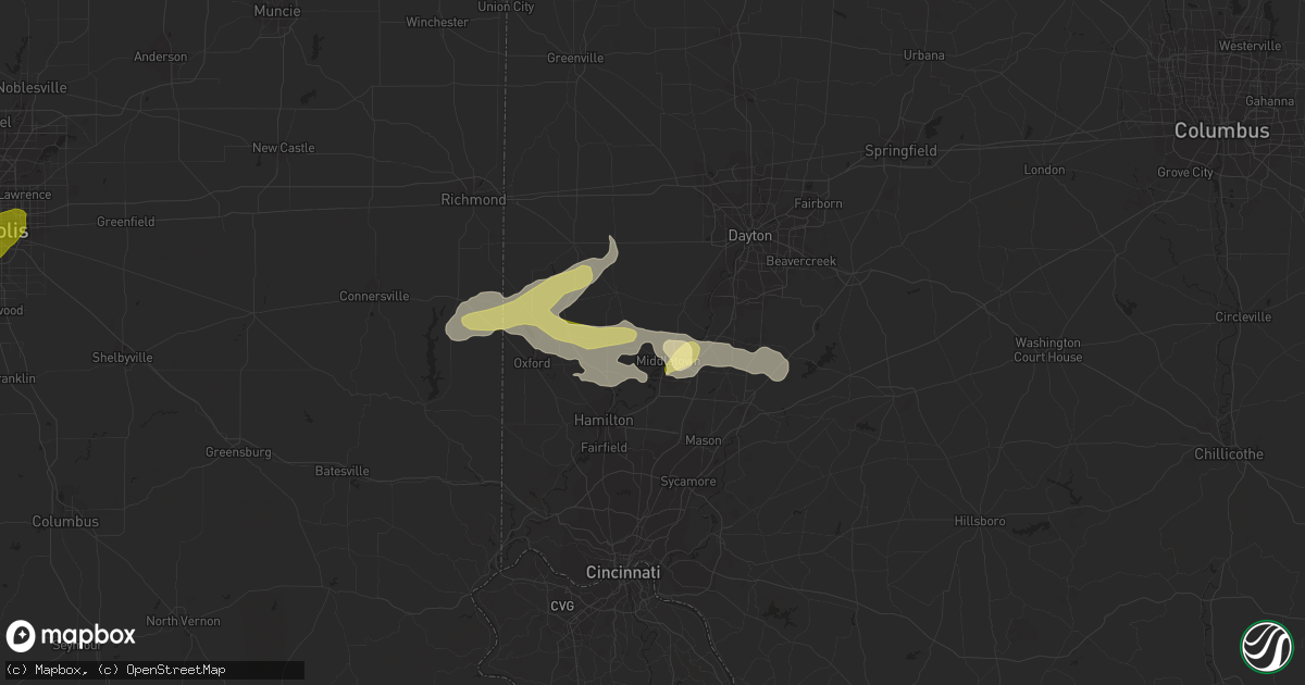 Hail map in Middletown, OH on July 17, 2023