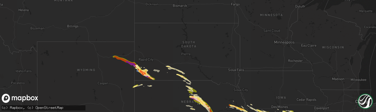 Hail map in South Dakota on July 17, 2023