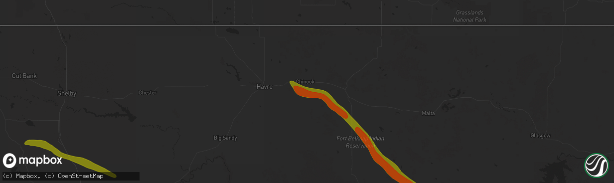Hail map in Chinook, MT on July 17, 2025