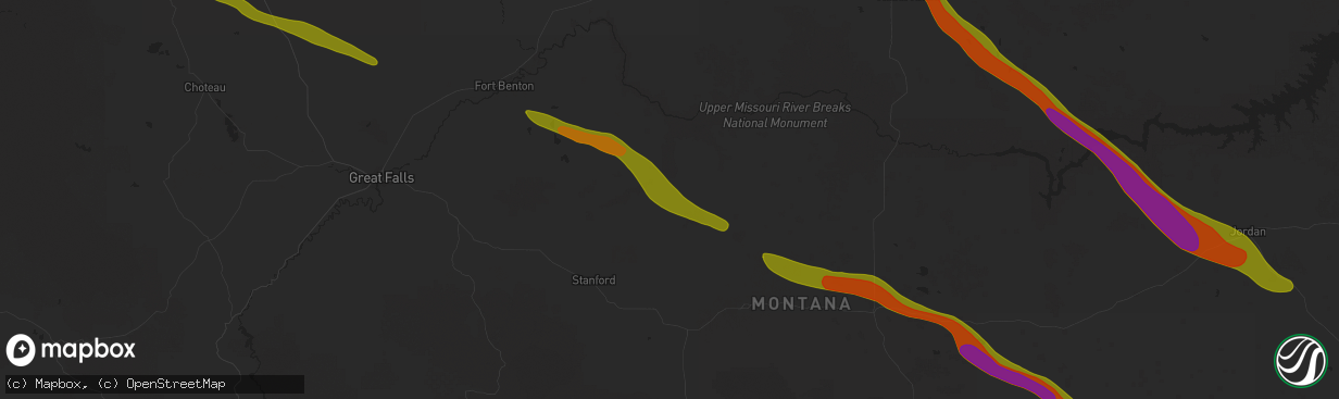 Hail map in Denton, MT on July 17, 2025