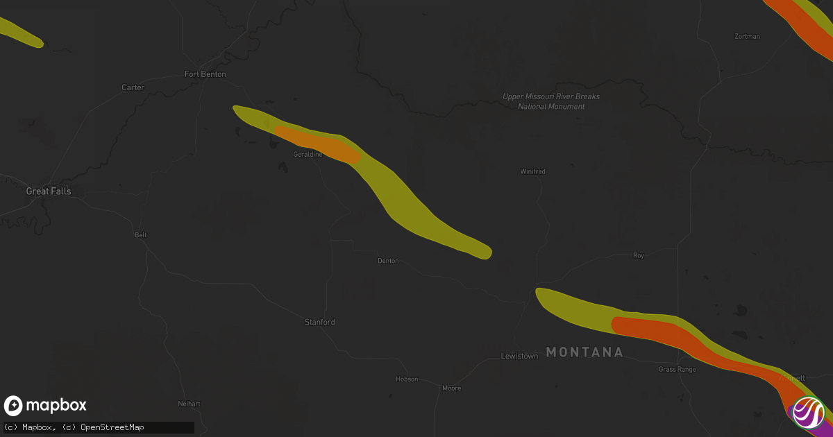 Hail map in Denton, MT on July 17, 2025
