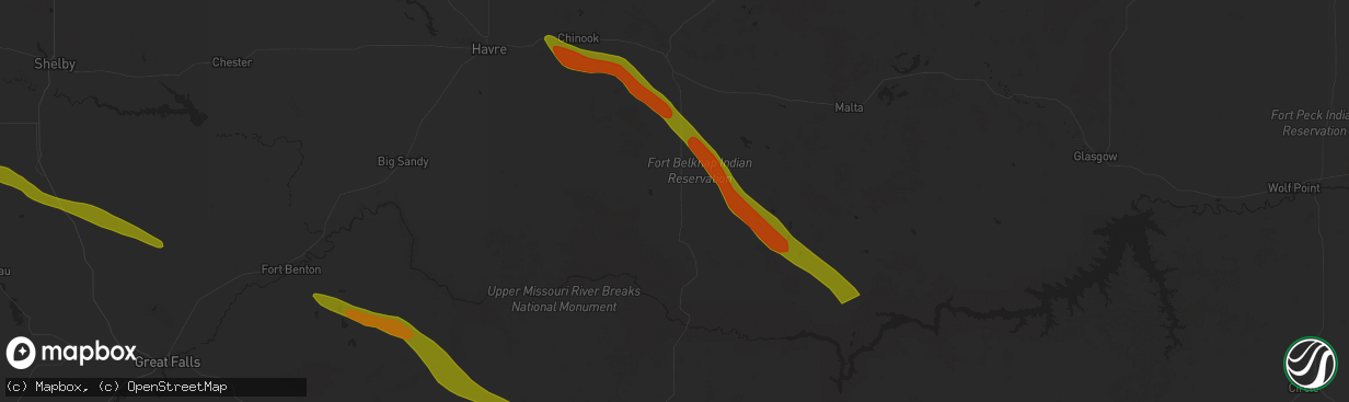 Hail map in Hays, MT on July 17, 2025