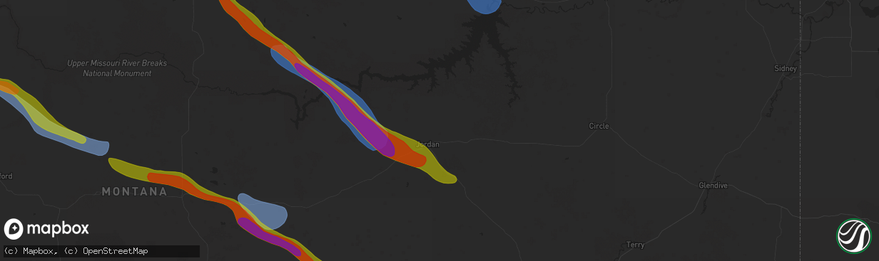 Hail map in Jordan, MT on July 17, 2025
