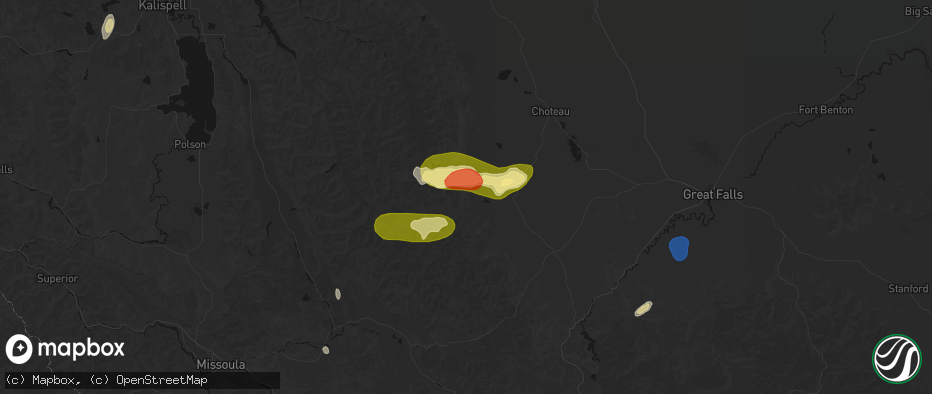 Hail map in Augusta, MT on July 17, 2026