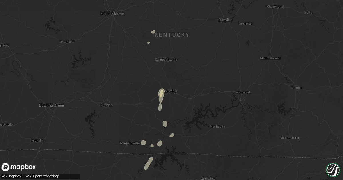 Hail map in Columbia, KY on July 17, 2026