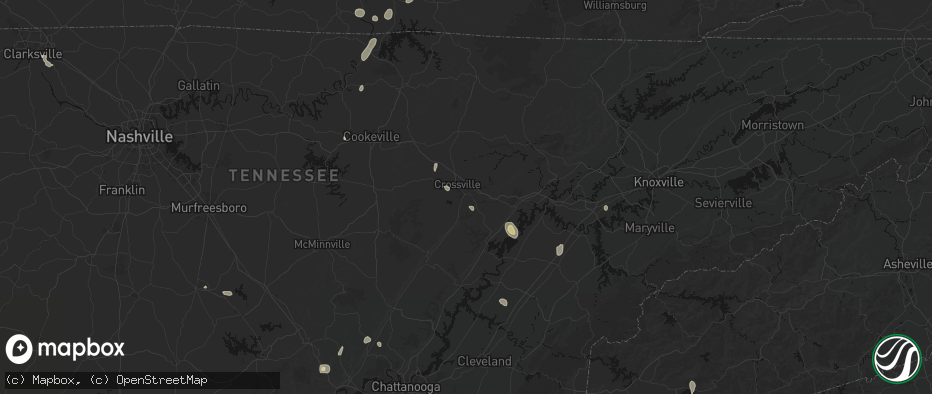 Hail map in Crossville, TN on July 17, 2026