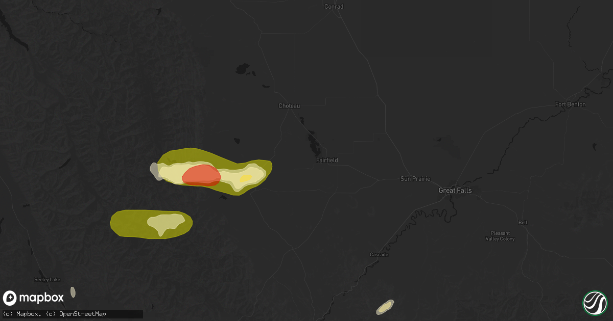 Hail map in Fairfield, MT on July 17, 2026