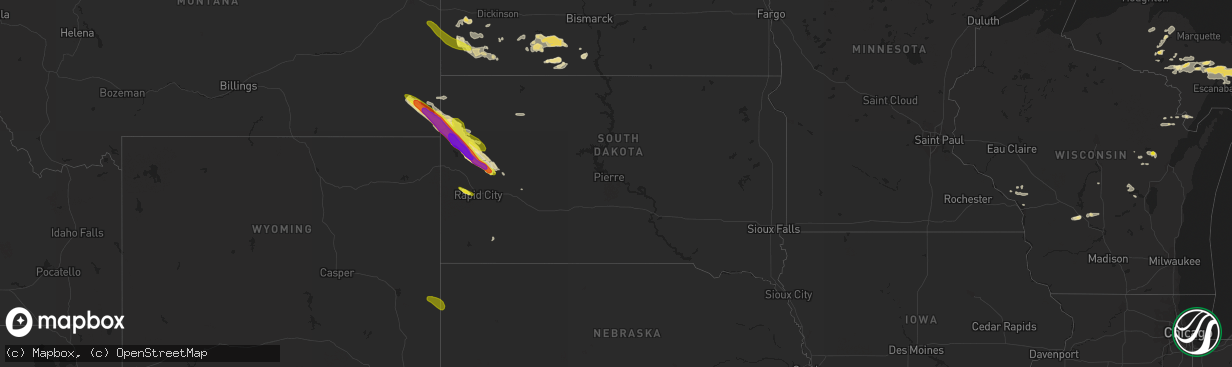 Hail map in South Dakota on July 18, 2017