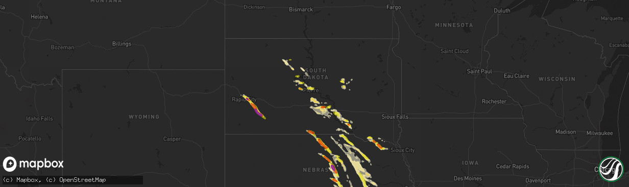 Hail map in South Dakota on July 18, 2018