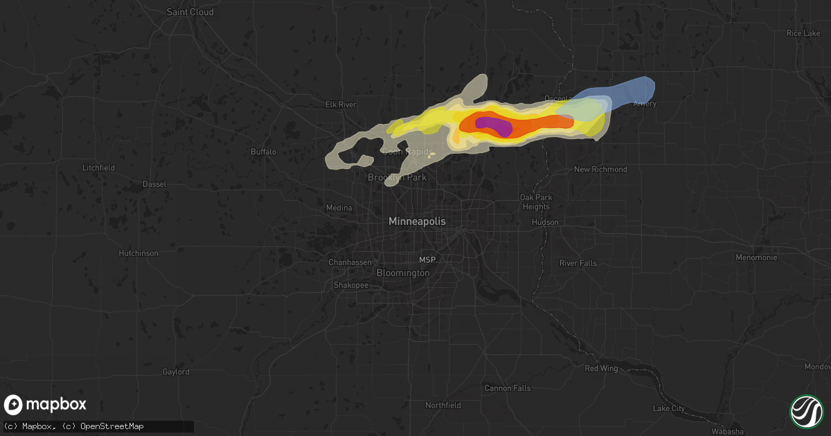 Hail map in Minneapolis, MN on July 18, 2020