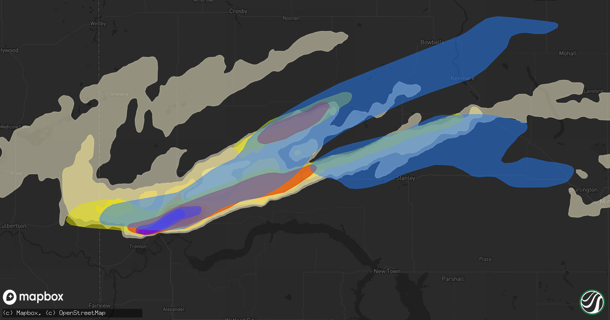 Hail map in Tioga, ND on July 18, 2022