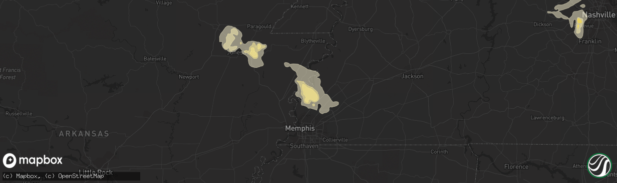 Hail map in Drummonds, TN on July 18, 2023