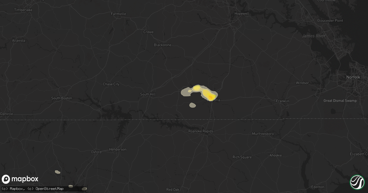 Hail map in Lawrenceville, VA on July 18, 2024