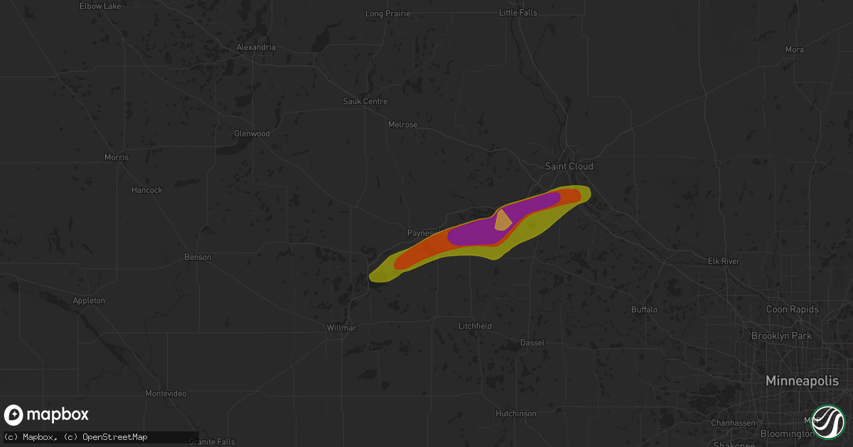 Hail map in Paynesville, MN on July 18, 2025