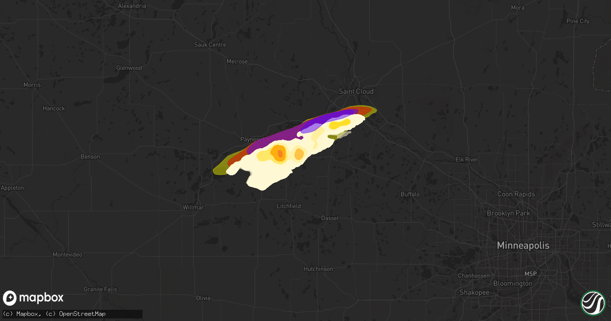 Hail map in Watkins, MN on July 18, 2025