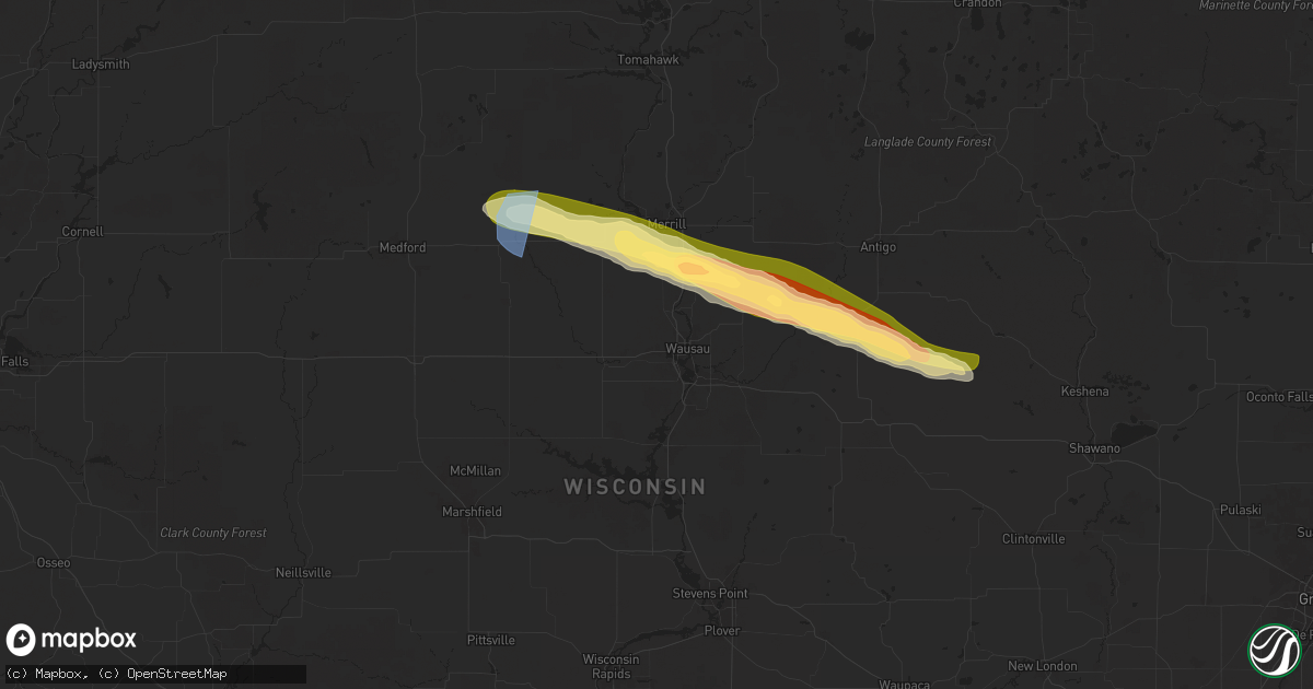 Hail map in Wausau, WI on July 18, 2025