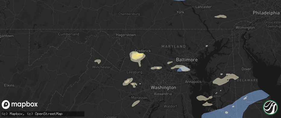 Hail map in Adamstown, MD on July 18, 2026