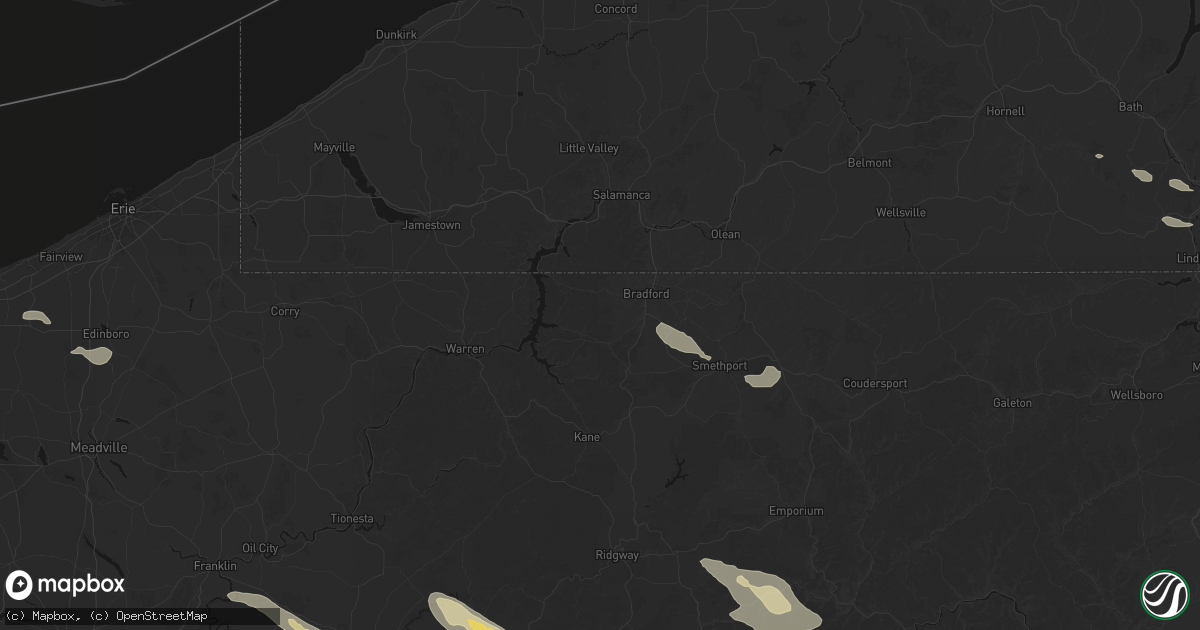 Hail map in Bradford, PA on July 18, 2026