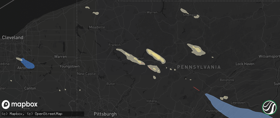 Hail map in Clarion, PA on July 18, 2026