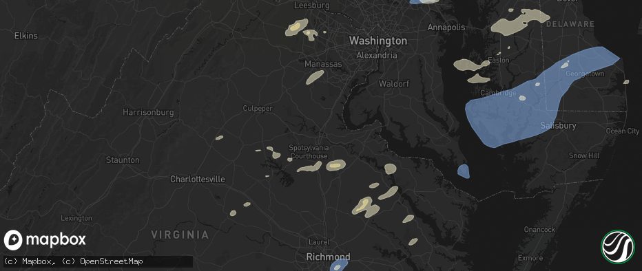 Hail map in Fredericksburg, VA on July 18, 2026