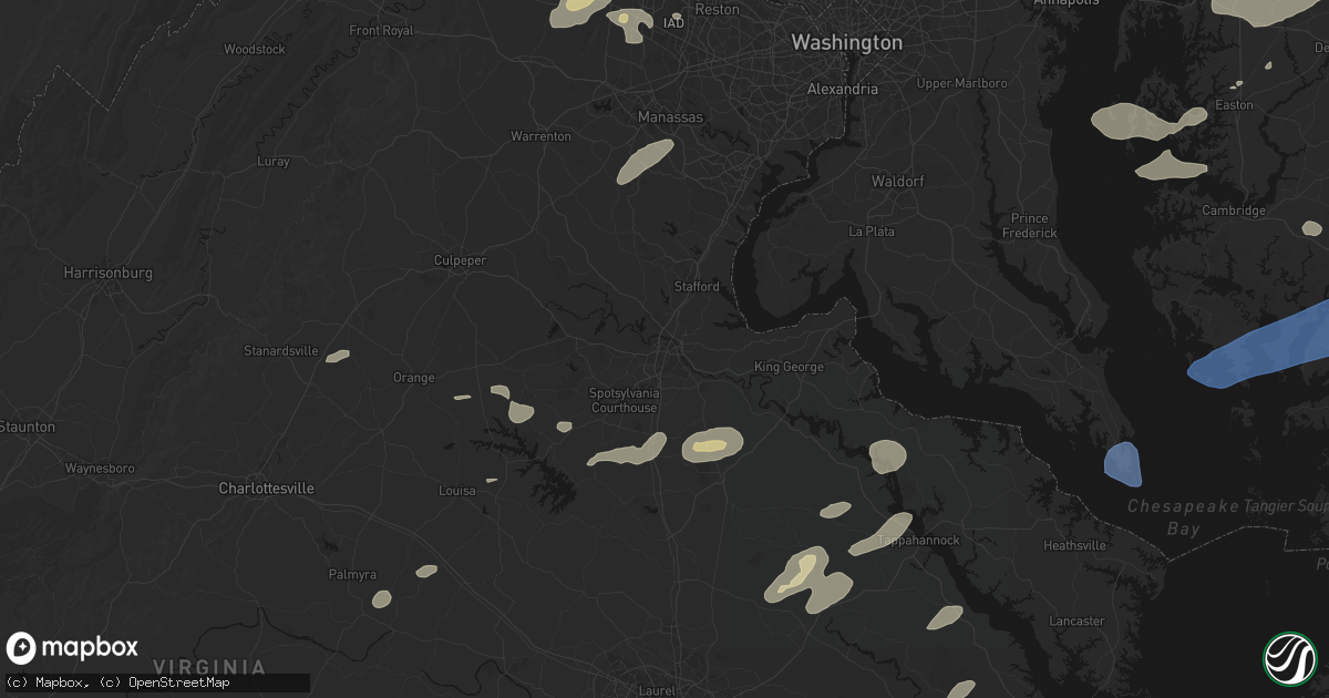 Hail map in Fredericksburg, VA on July 18, 2026