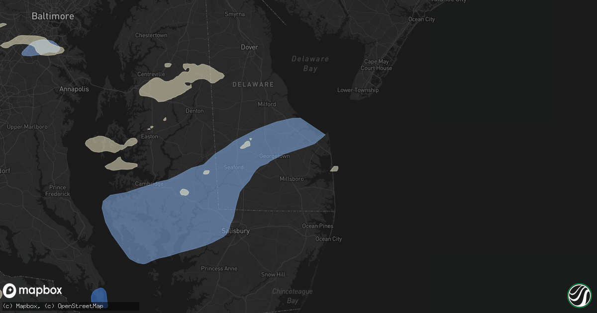 Hail map in Harbeson, DE on July 18, 2026