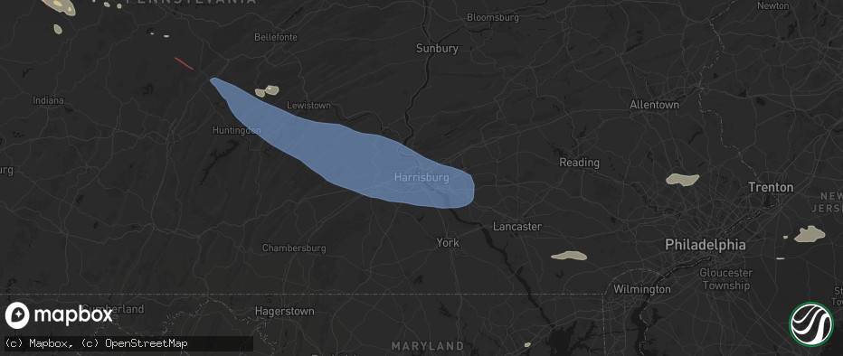 Hail map in Harrisburg, PA on July 18, 2026