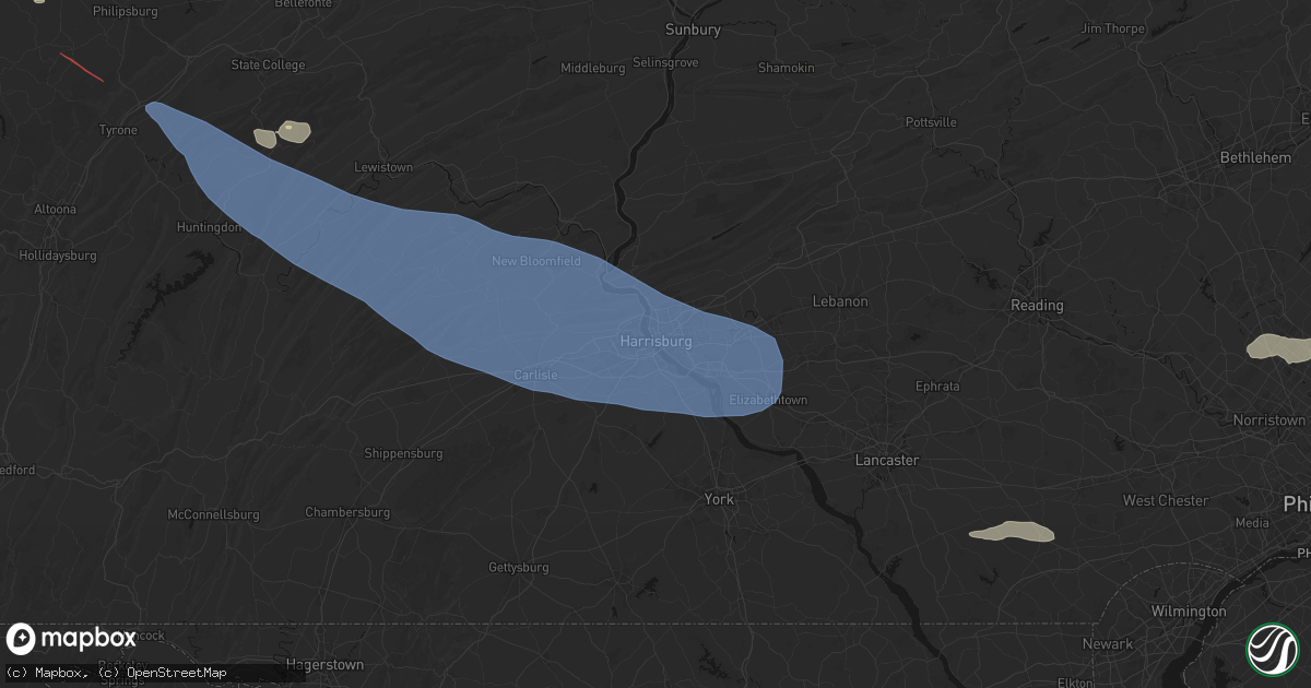 Hail map in Harrisburg, PA on July 18, 2026