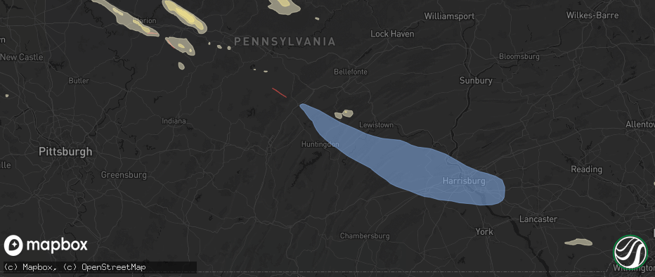 Hail map in Huntingdon, PA on July 18, 2026