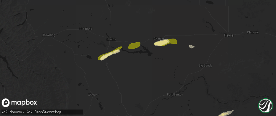 Hail map in Ledger, MT on July 18, 2026