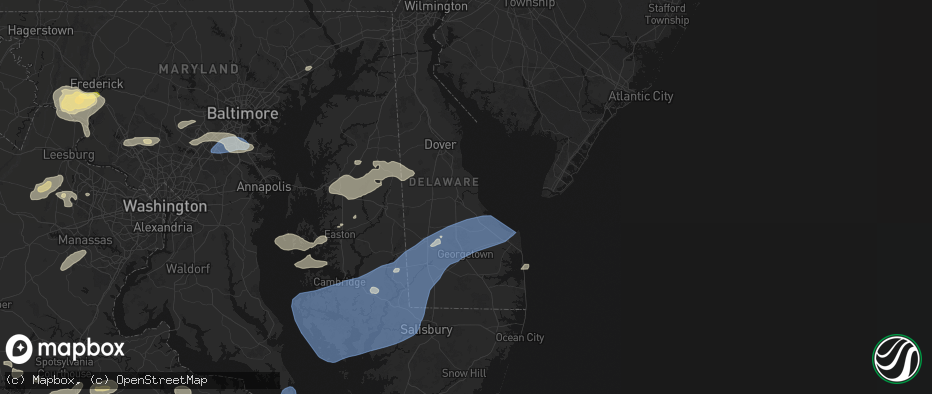 Hail map in Milford, DE on July 18, 2026