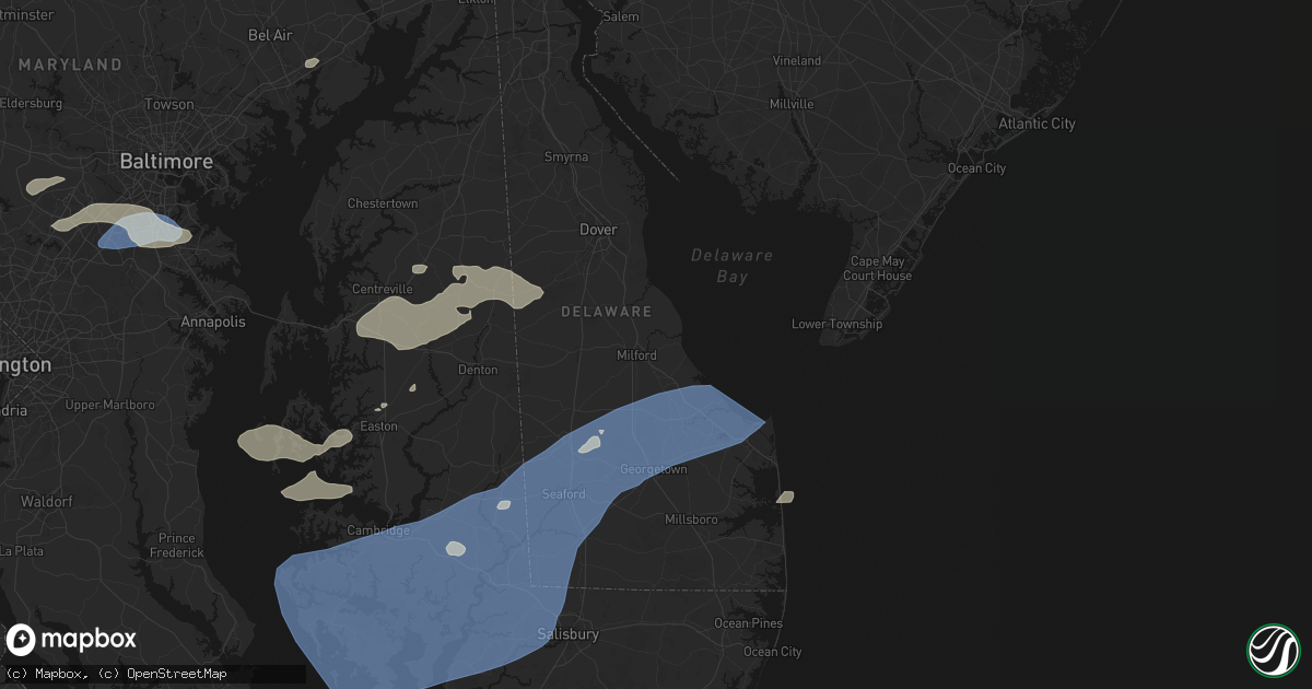 Hail map in Milford, DE on July 18, 2026
