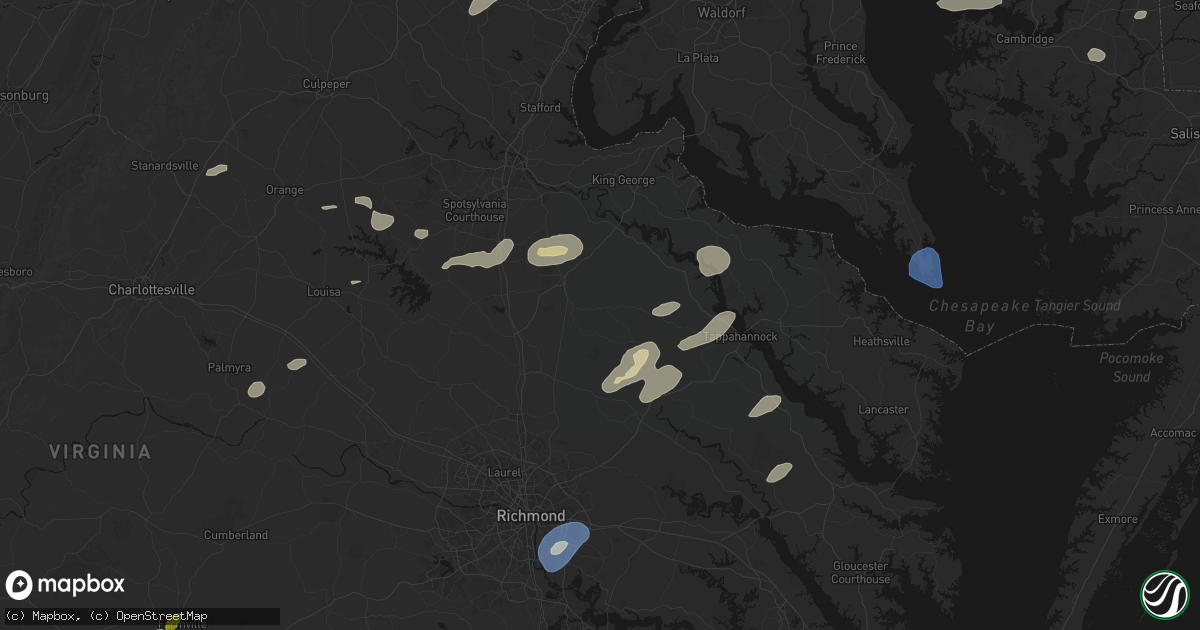 Hail map in Milford, VA on July 18, 2026