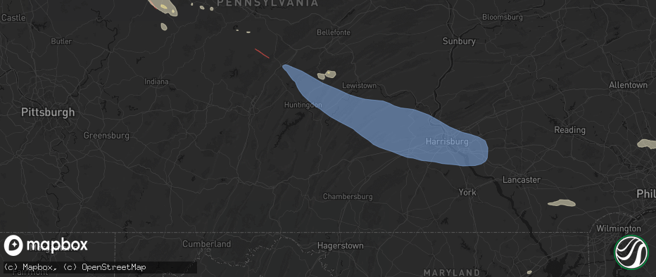 Hail map in Orbisonia, PA on July 18, 2026