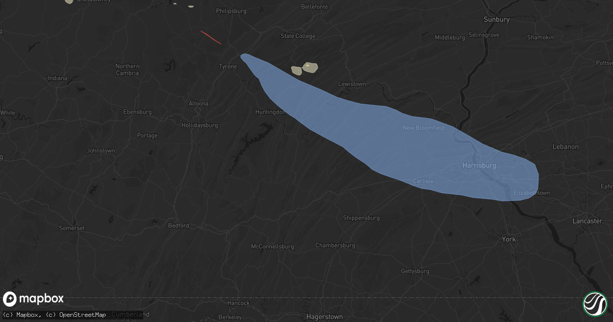 Hail map in Orbisonia, PA on July 18, 2026