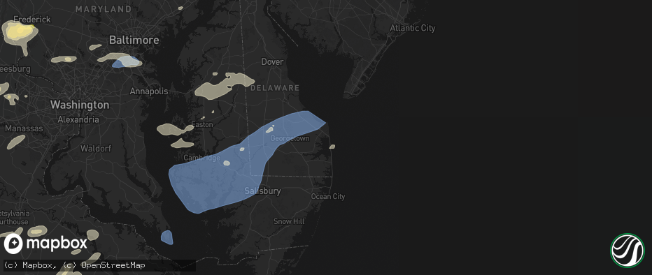 Hail map in Rehoboth Beach, DE on July 18, 2026