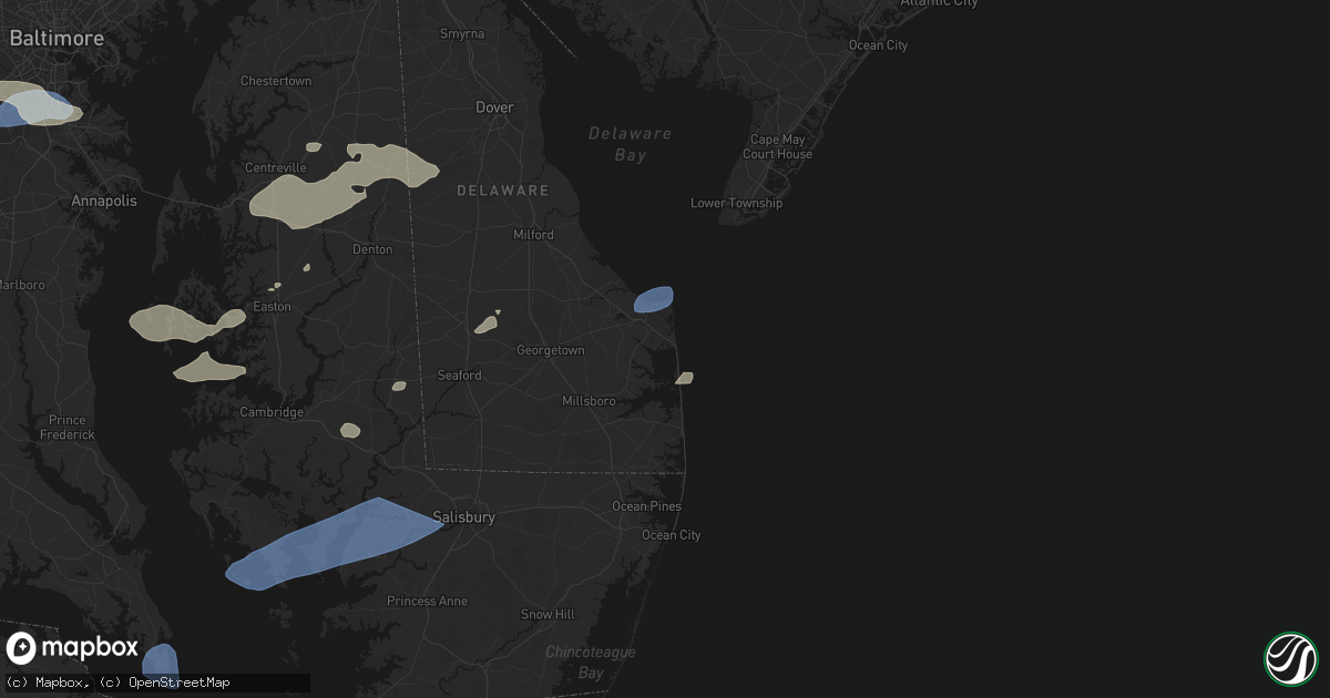 Hail map in Rehoboth Beach, DE on July 18, 2026