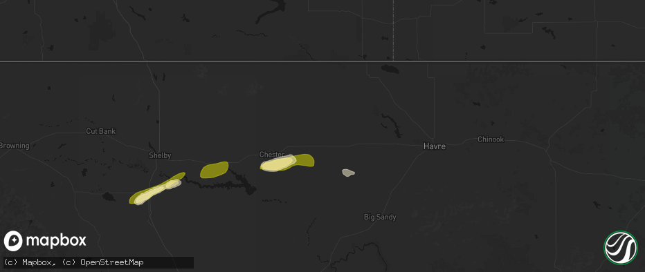 Hail map in Rudyard, MT on July 18, 2026