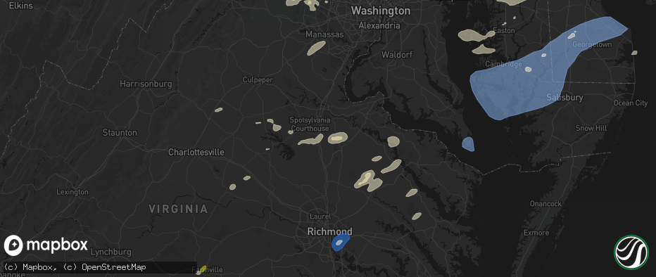Hail map in Woodford, VA on July 18, 2026